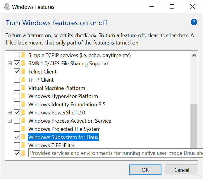 Windows Subsystem for Linux within the Windows Features window