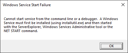 Windows Service Start Failure dialog box