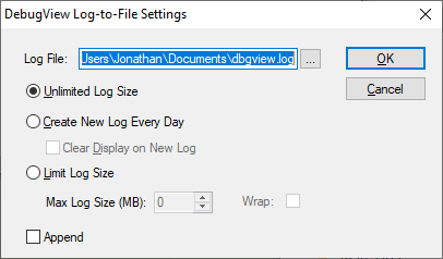 DebugView Log-to-File Settings