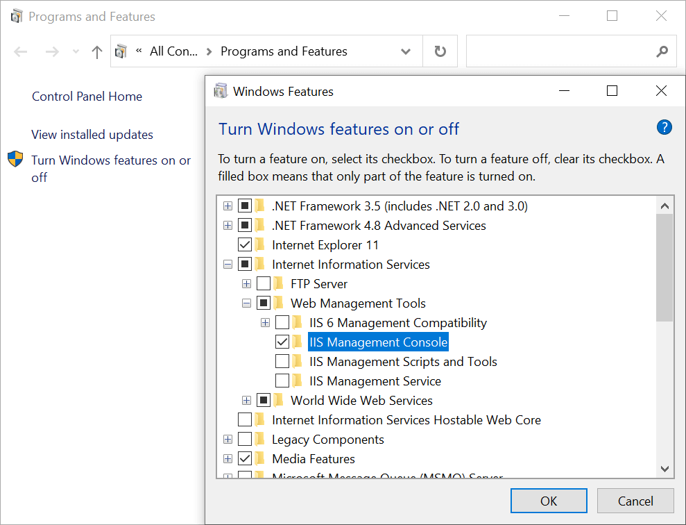 Windows Features dialog