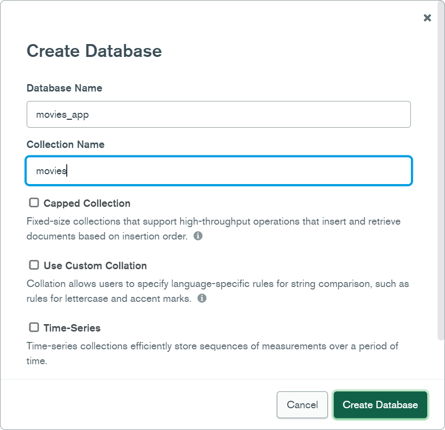 Create Database dialog