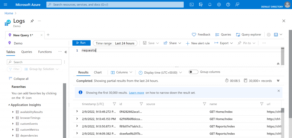 Application Insights Logs user interface