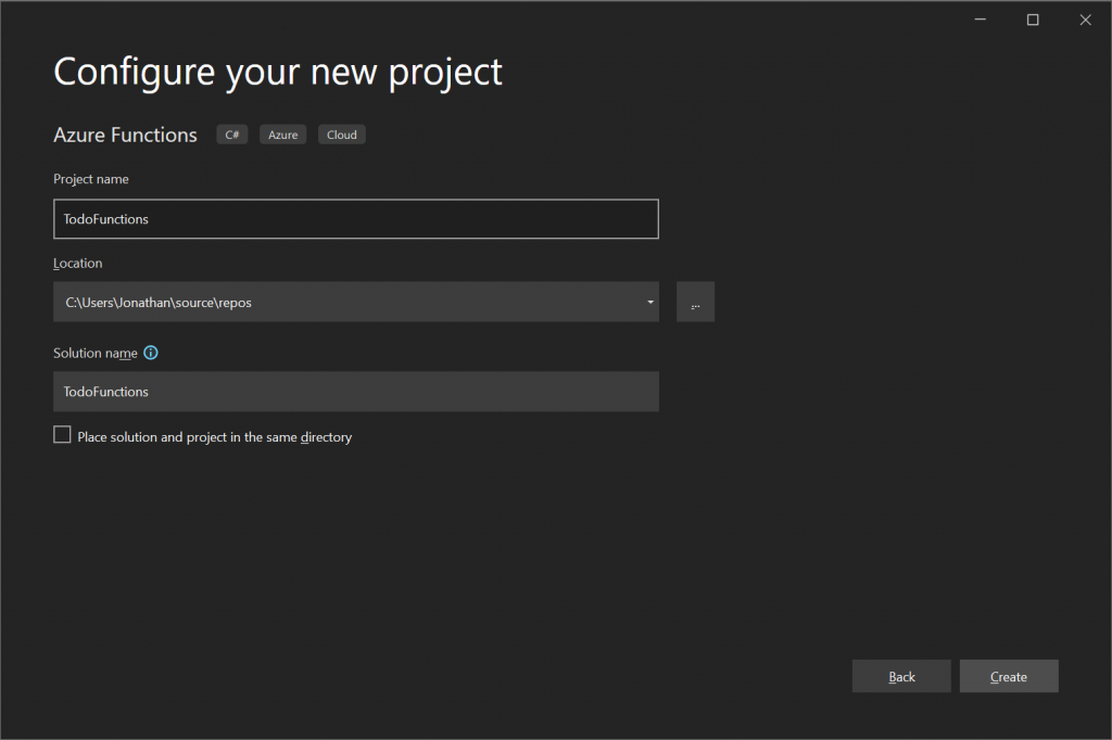 Visual Studio - Configure your new project