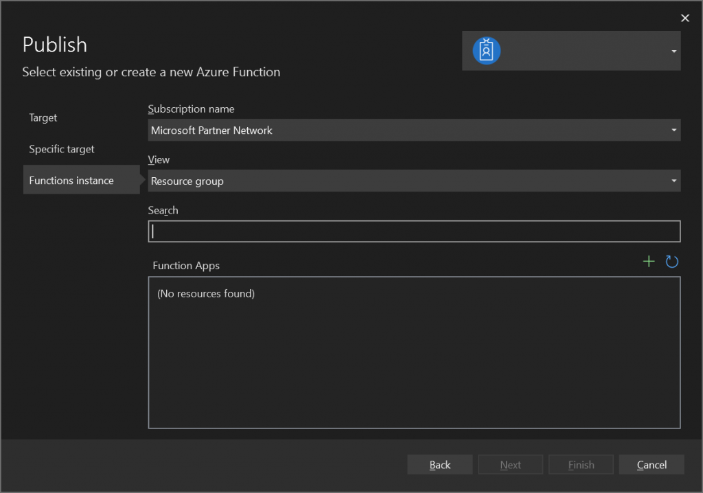 Visual Studio - Functions instance page resources