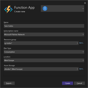 Visual Studio - Function App dialog