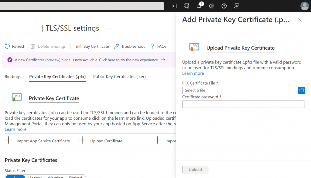 Add Private Key Certificate via Azure Portal