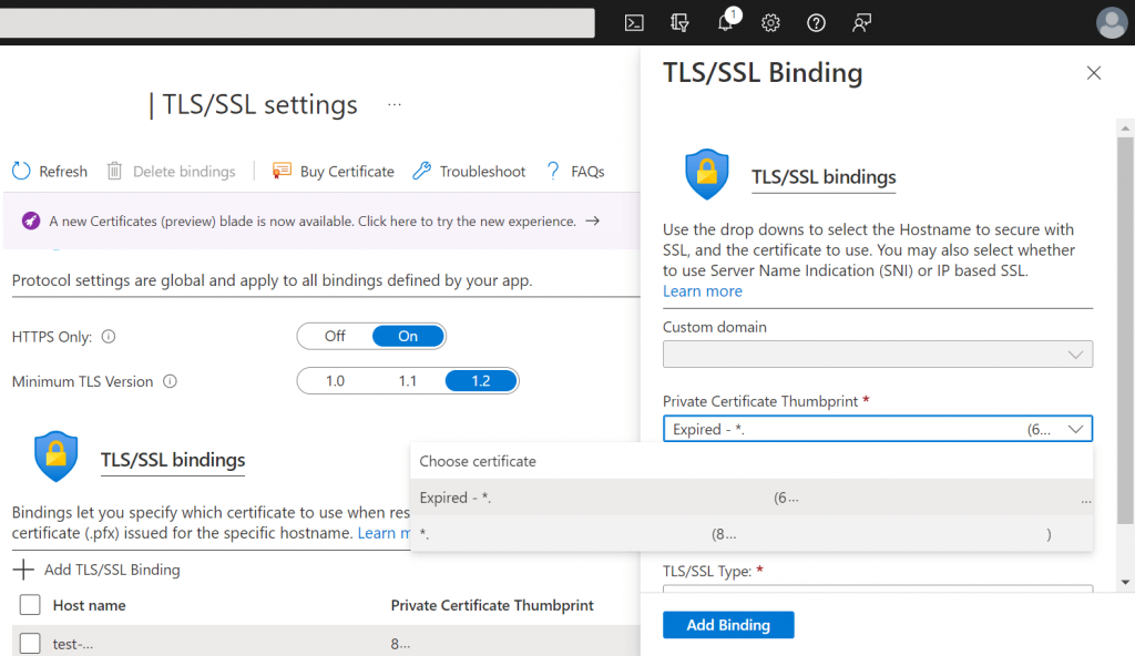 Add TLS/SSL Binding via Azure Portal