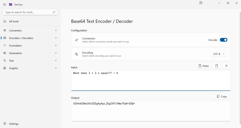 DevToys app - Base64 Text Encoder / Decoder tool