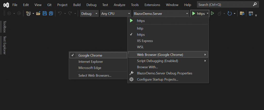 Visual Studio - Selecting a Web Browser for debugging