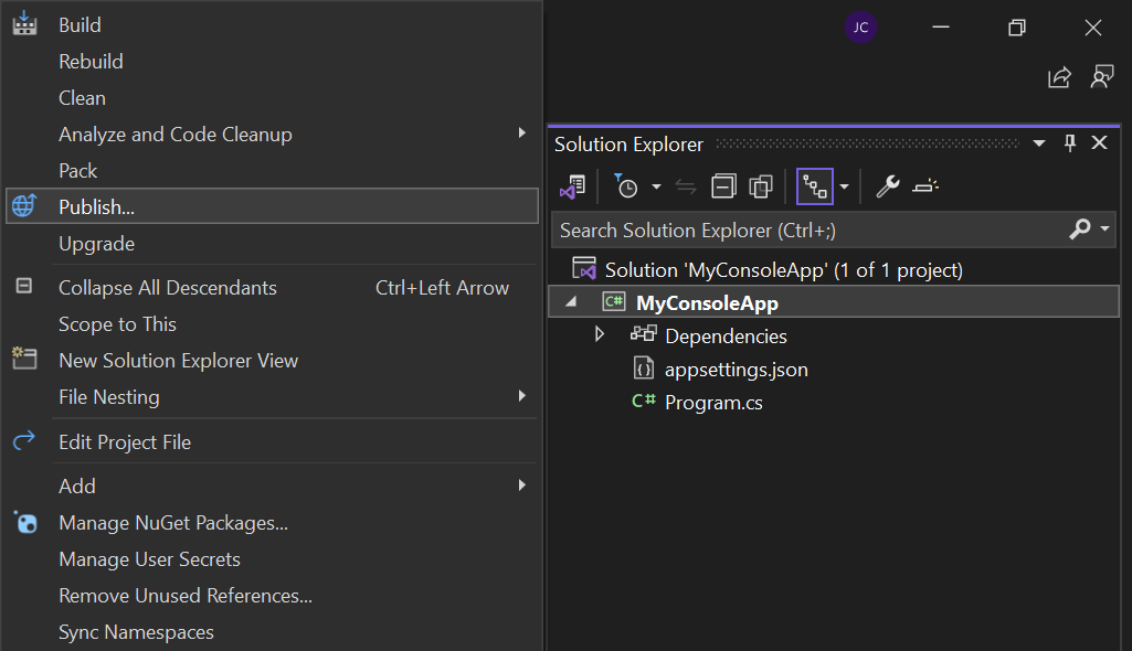 Visual Studio - Project context menu