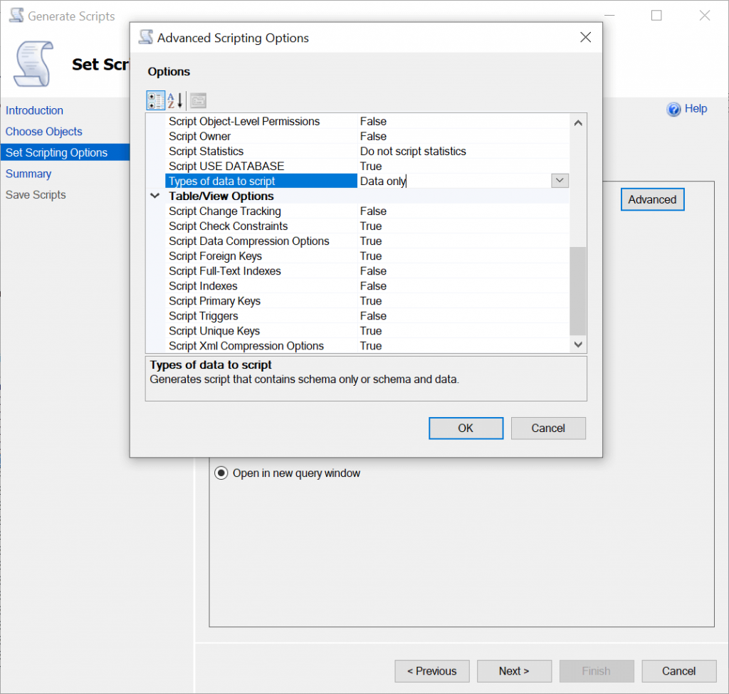 SSMS - Generate Scripts - Set Scripting Options