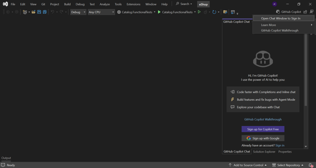 Visual Studio - GitHub Copilot Sign In